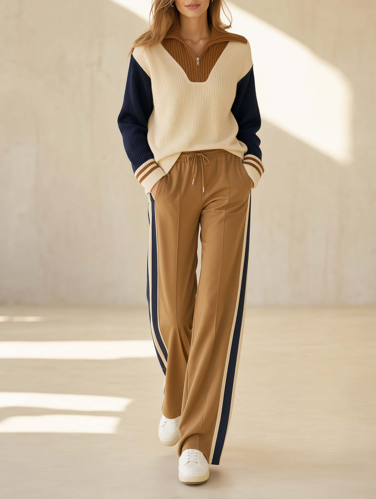 Beige Color-block Long-sleeve Half-zip Sweater And Khaki Trousers Set