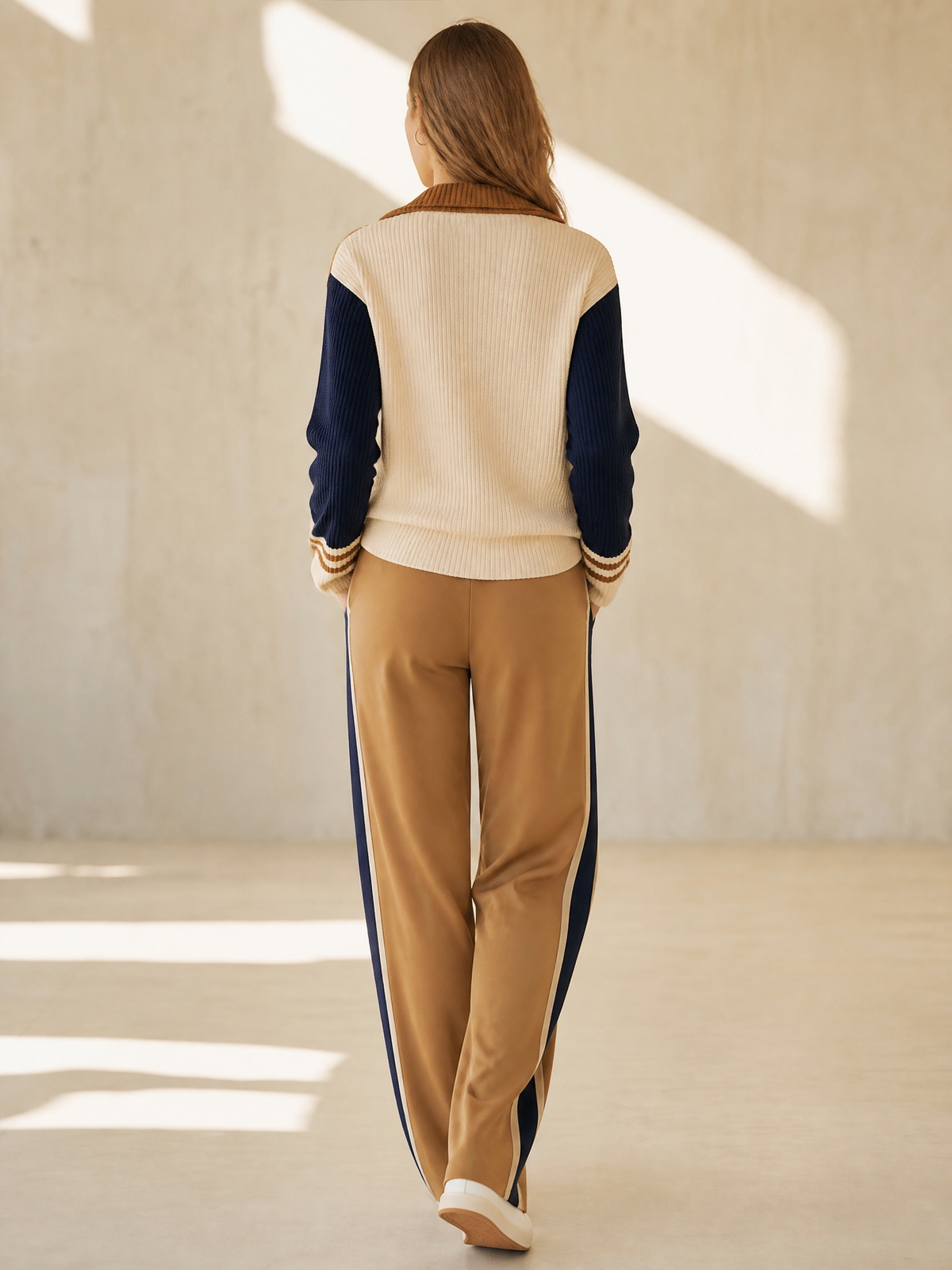 Beige Color-block Long-sleeve Half-zip Sweater And Khaki Trousers Set