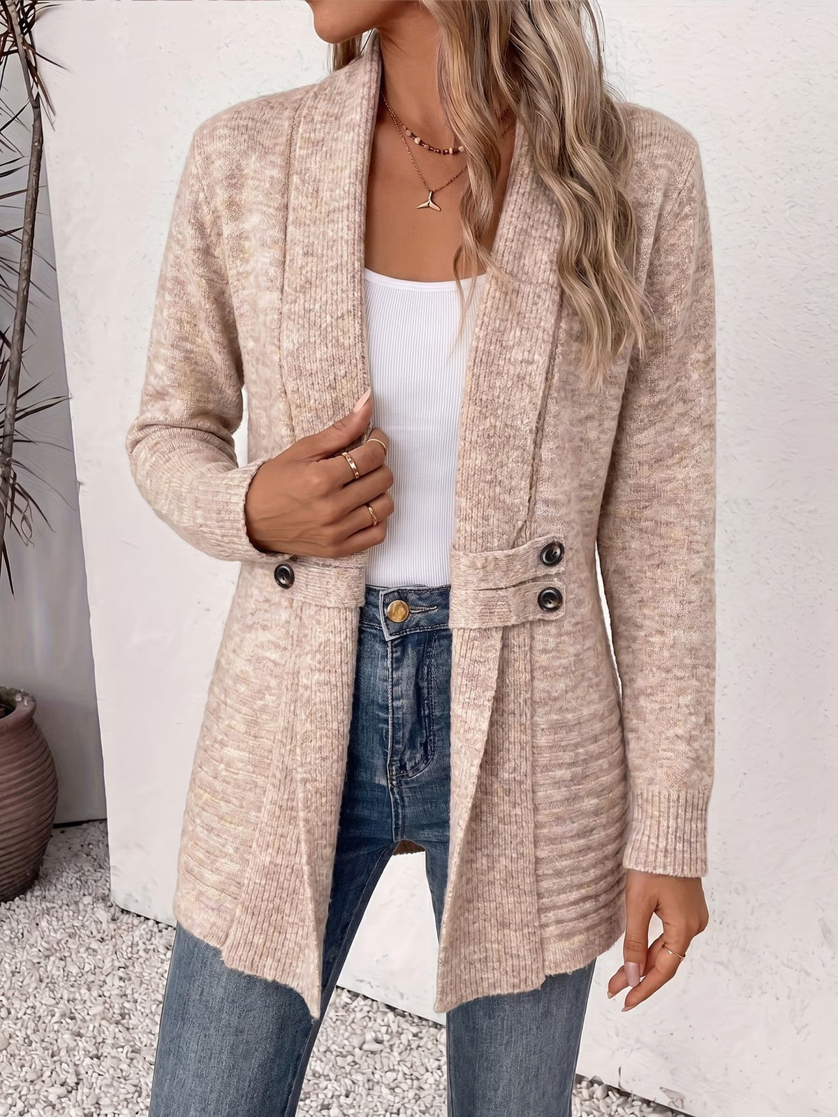 Harlow | Oatmeal Ribbed Knit Button-Tab Cardigan