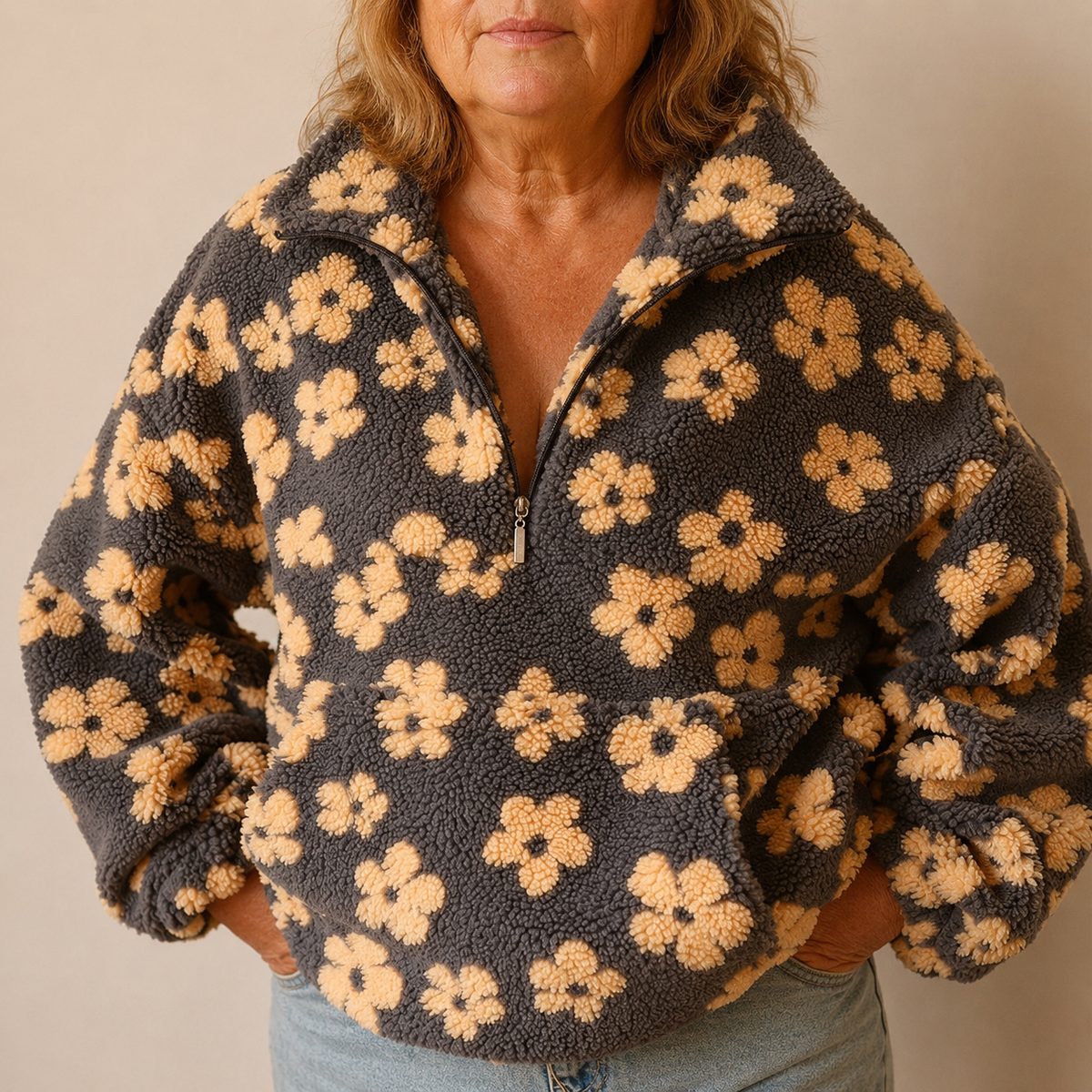 Oversized Floral Teddy Fleece Jacket with Half Zip