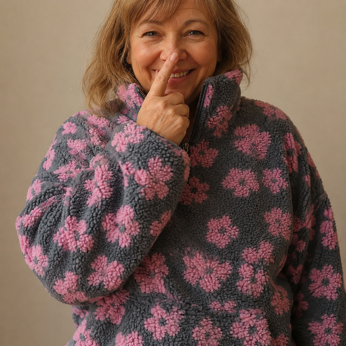 Oversized Floral Teddy Fleece Jacket with Half Zip