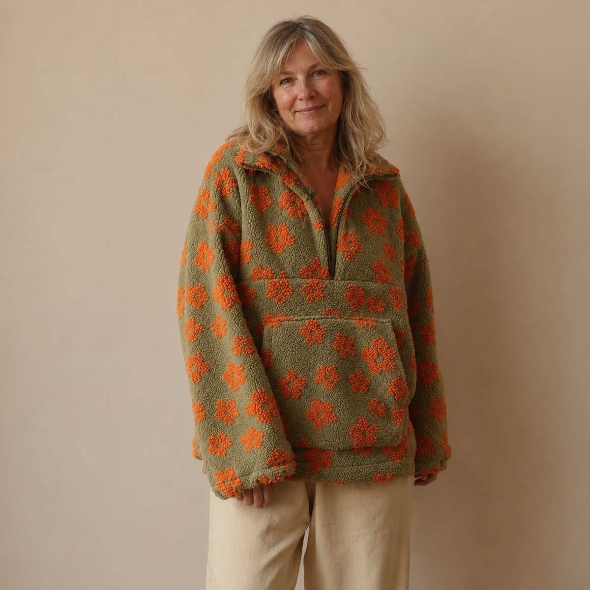 Oversized Floral Teddy Fleece Jacket with Half Zip