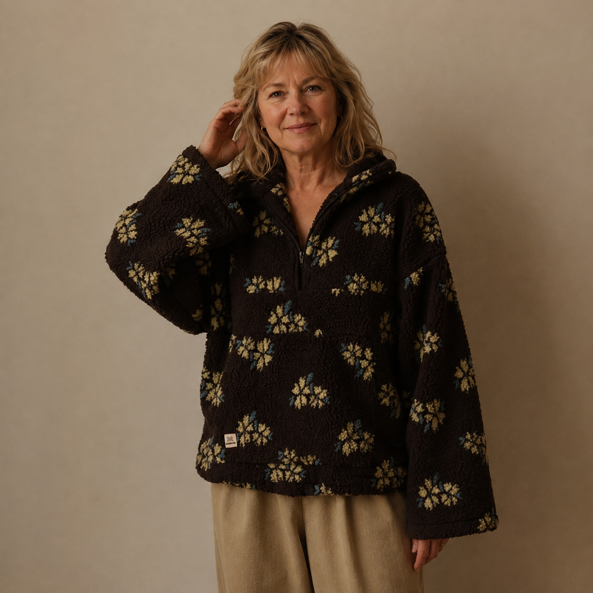 Oversized Floral Teddy Fleece Jacket with Half Zip