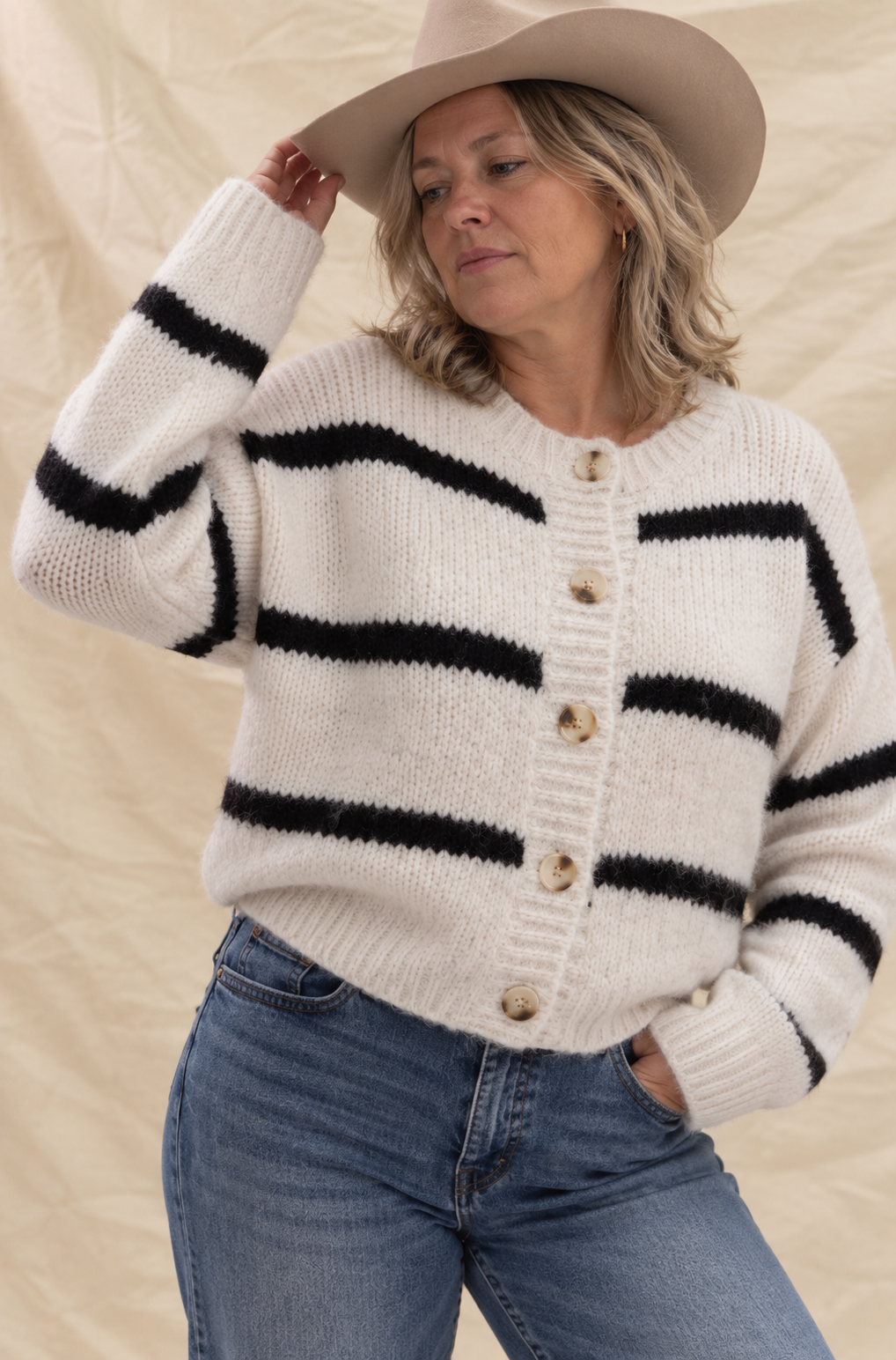 Ava | Women's Striped Button-Down Winter Knit Cardigan