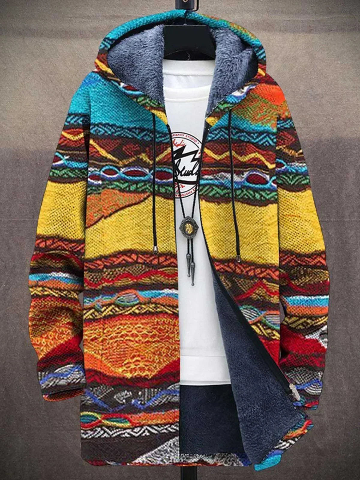 Alessandra | Cardigan lungo con cappuccio e stampa