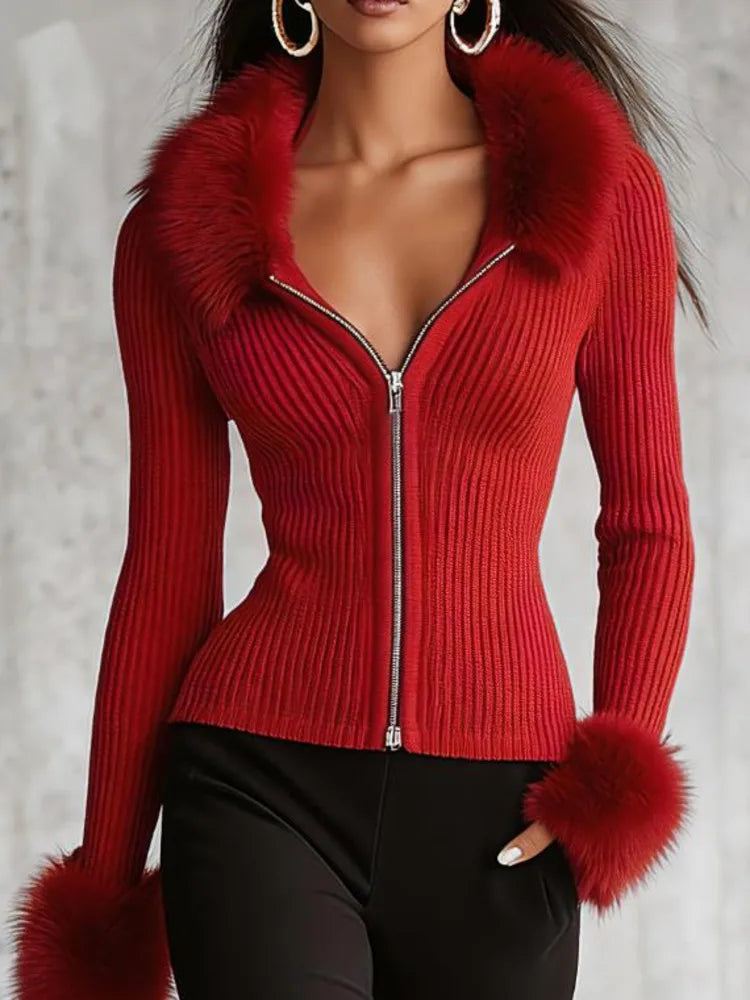 Anneliese | Fur-Trim Zip Knit Top