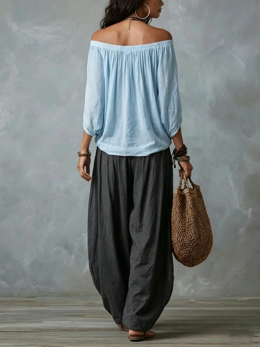 Federica | Completo spalle scoperte e pantaloni palazzo