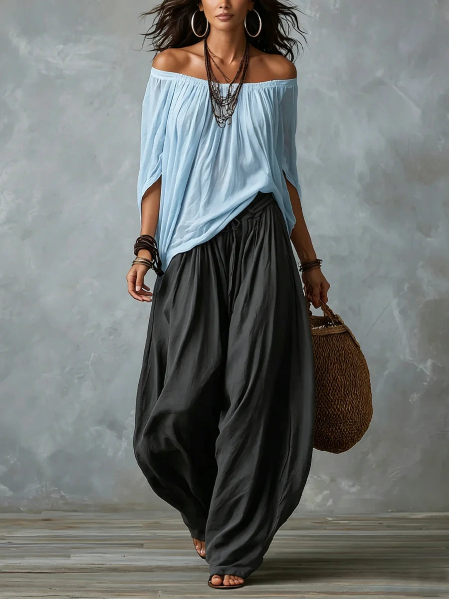 Federica | Completo spalle scoperte e pantaloni palazzo