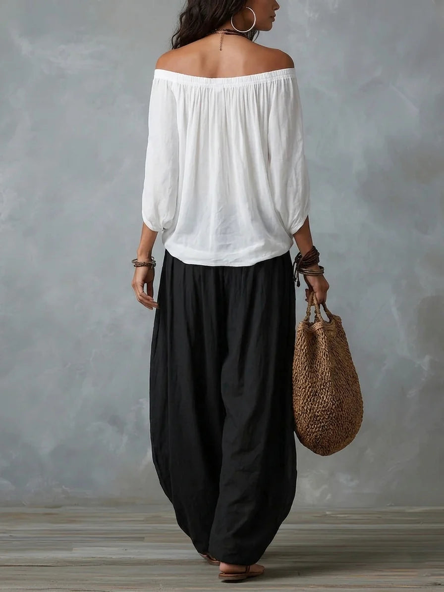 Federica | Completo spalle scoperte e pantaloni palazzo