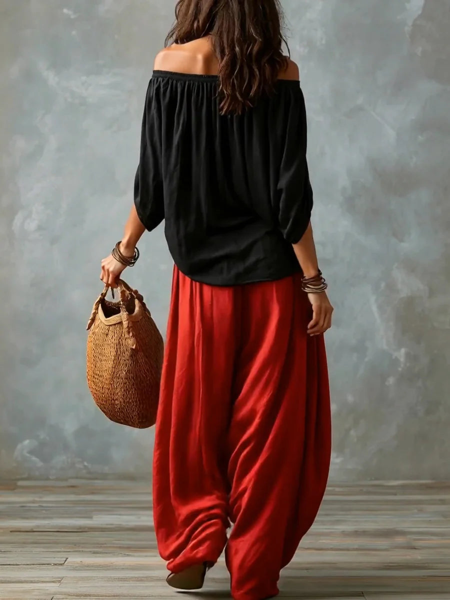 Federica | Completo spalle scoperte e pantaloni palazzo
