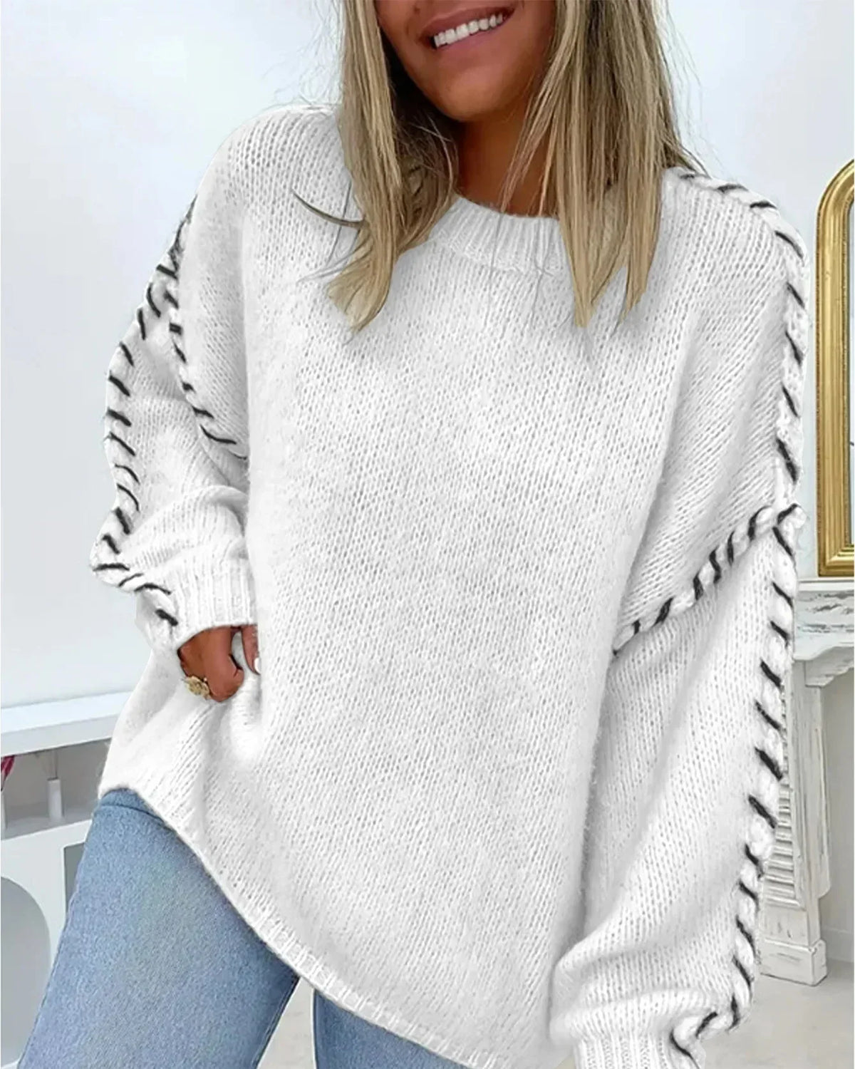 Women Fluffy Knit Sweater | Crew Neck