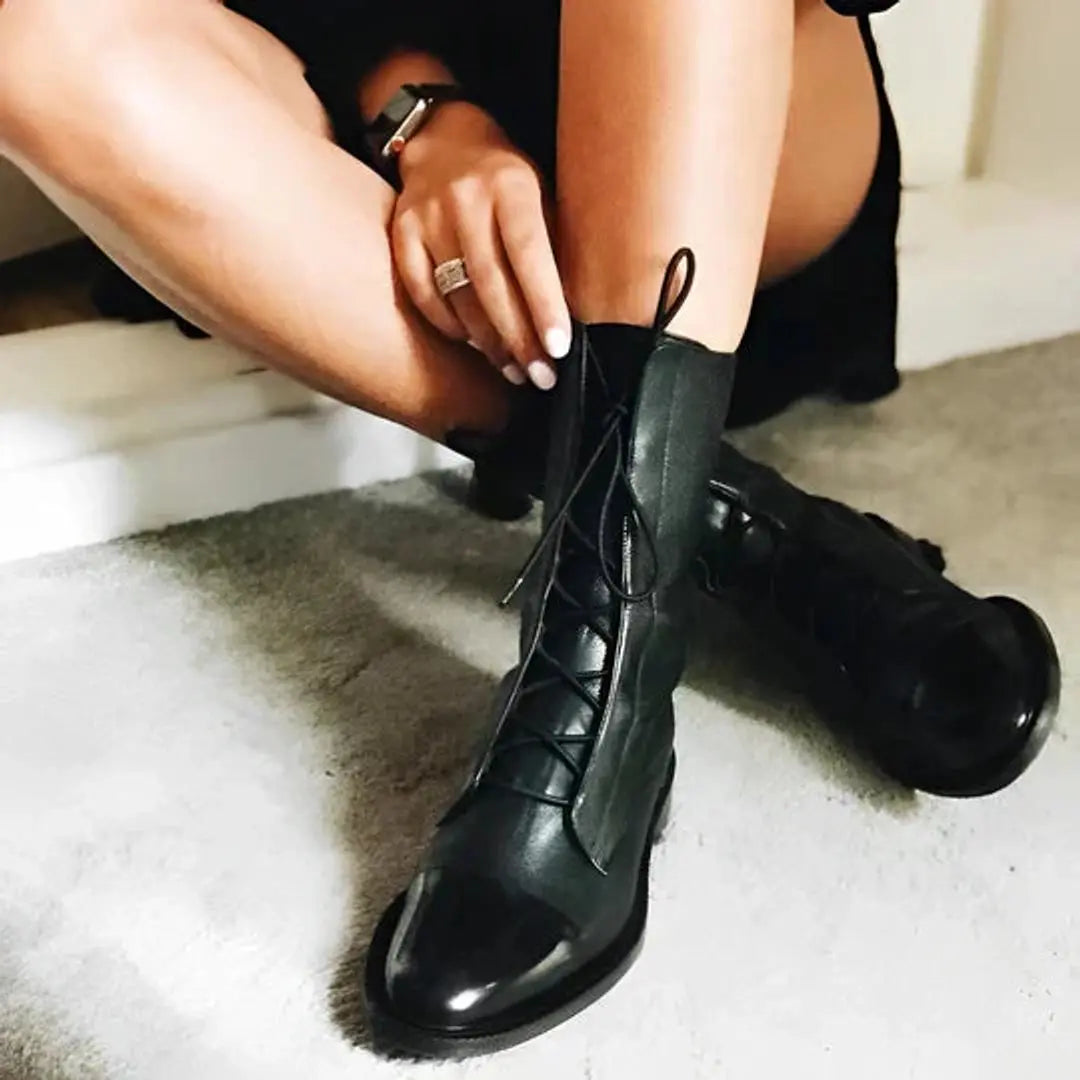 Ella | Women's Ankle Boots Lace-Up Leather-Look Mid-Calf